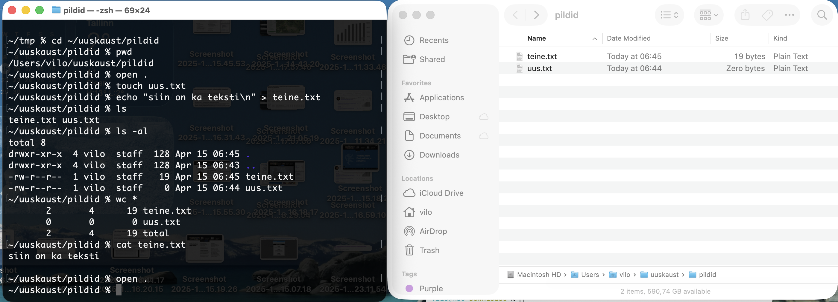 Finder ja terminal näitavad sama kataloogi: terminalis liigutakse kataloogi, avatakse sama koht käsuga `open .`, luuakse tühi fail `uus.txt`, kirjutatakse faili `teine.txt` üks rida ning võrreldakse tulemust Finderis ja terminalis.